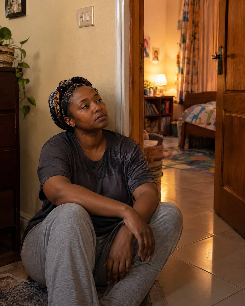 A tired mother sitting at a bedroom doorway after a difficult parenting moment